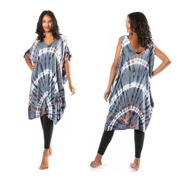 Suzie Blue Hippie Tie Dye Tie-Shoulder Kaftan Poncho Cover-Up Women's One Size - Picture 2 of 9